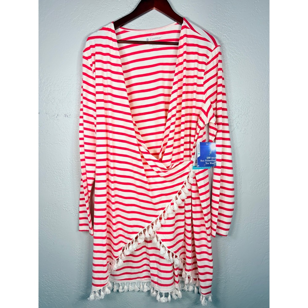 Coolibar San Clemente Striped UPF 50+ Tassel Swim Cover Up Red White Large NWT